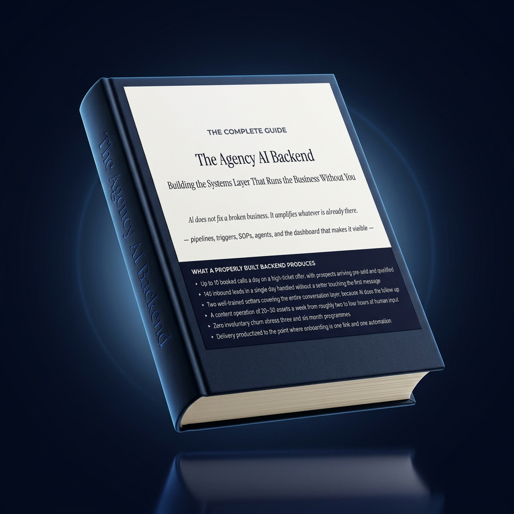 The Agency AI Backend 28-page guide shown as a hardcover playbook